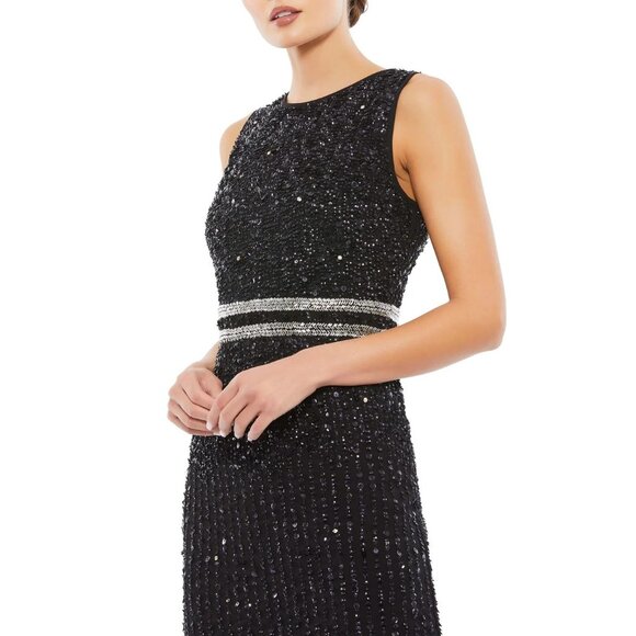 NWT Mac Duggal Sleeveless High Neck Beaded Midi Sheath Dress Black 4 #9829 - Picture 2 of 8